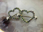 14G Silver Sparkling Heart with Paved Green Crystal Stones Nipple Barbells. Nipple Jewelry. Nipple Piercing. Body Jewelry.